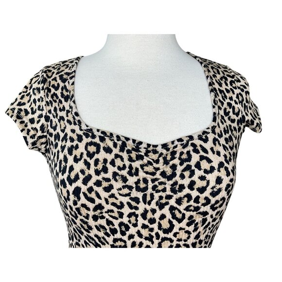 See You Monday Short Sleeve Ruched Sweetheart Neck Ribbed Cheetah Knit Dress M - Picture 2 of 7